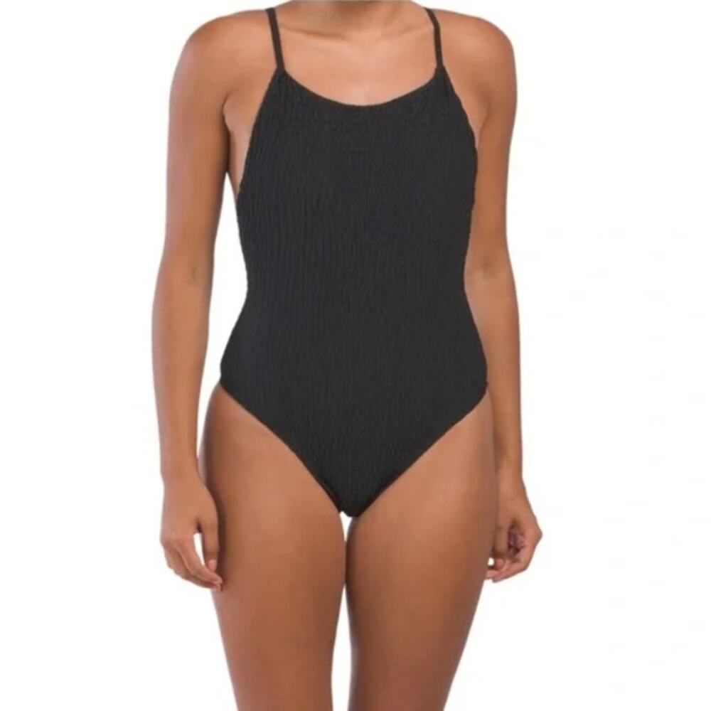 Mosmann Australia Smocked Textured One Piece Swimsuit in Black, Size Large